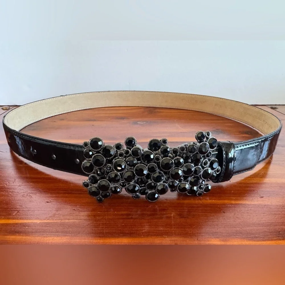 WHBM Cluster of Faux Black Jewel embellished belt black patent leather Large